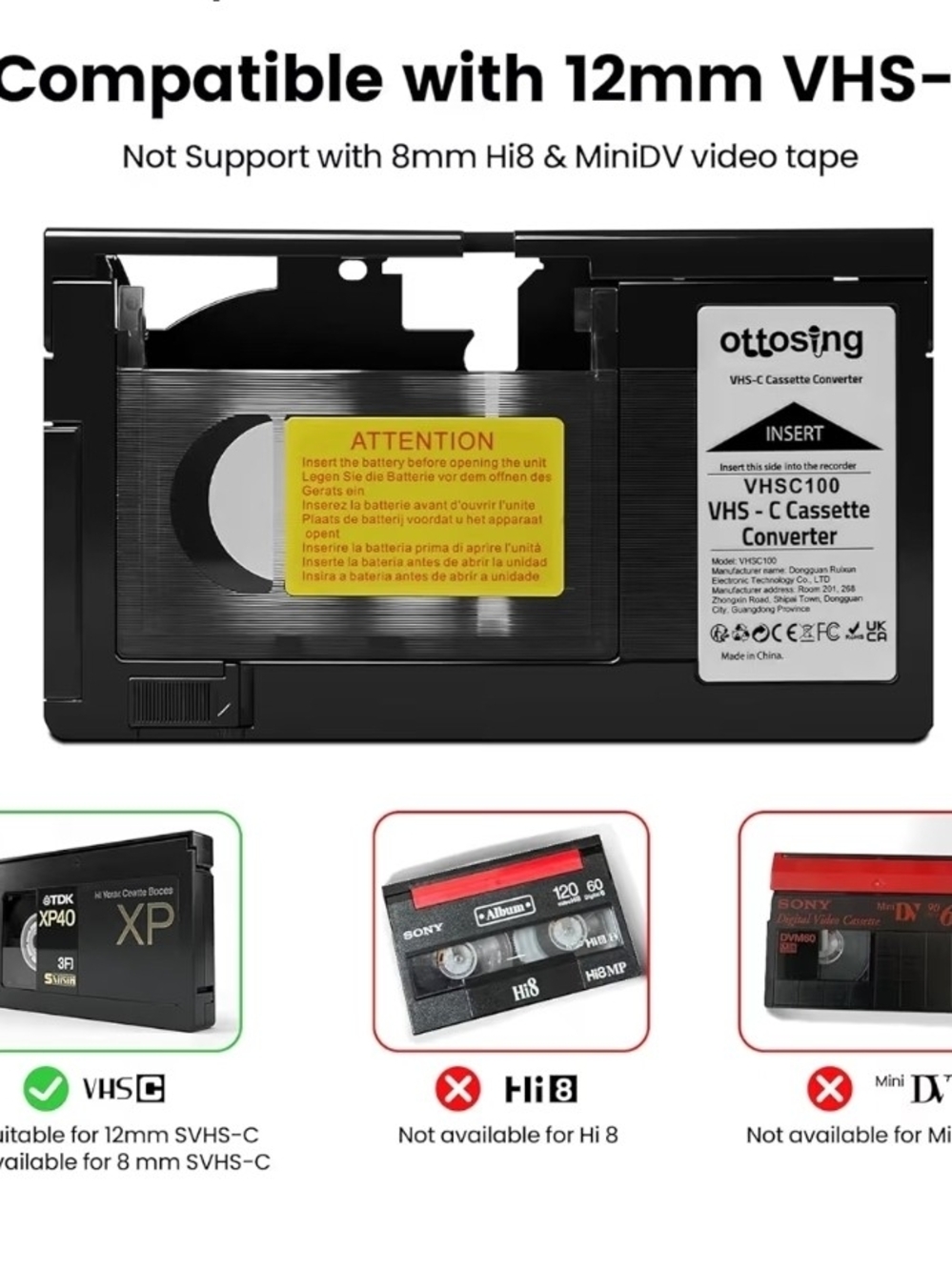 VHS-C Tape Cassette Adapter for Camcorders Motorized VHS VHS-C to VHS – Ideal fo